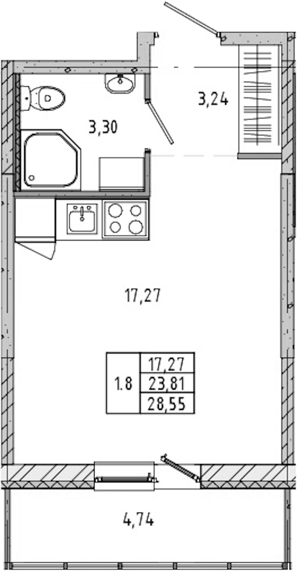 Квартира студия 23.6 м², 20/21 эт., ЖК «Новые горизонты 2»